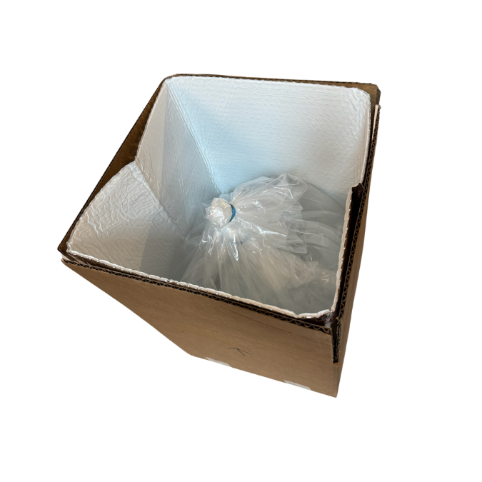 live shrimp in plastic bags within foam insert used within cardboard packaging
